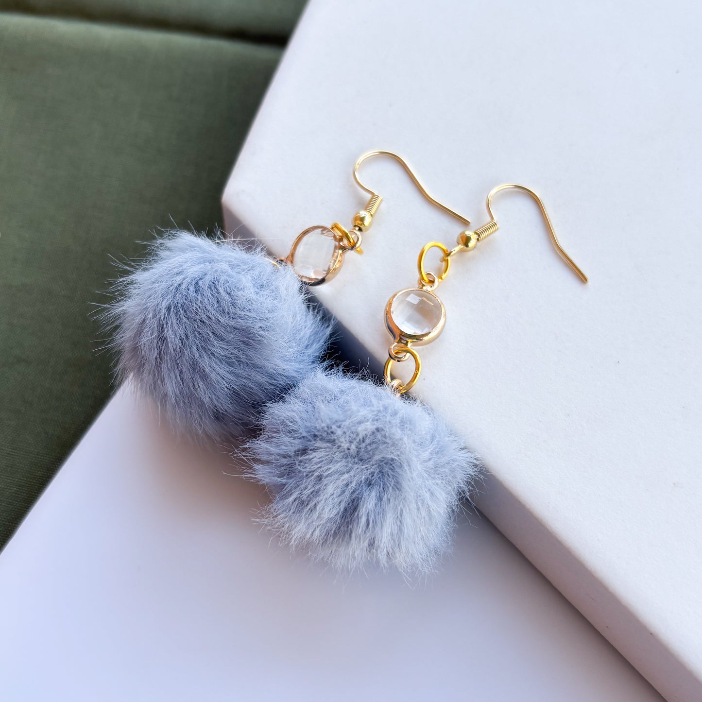 BLUE POM POM & GEM CHARM EARRINGS
