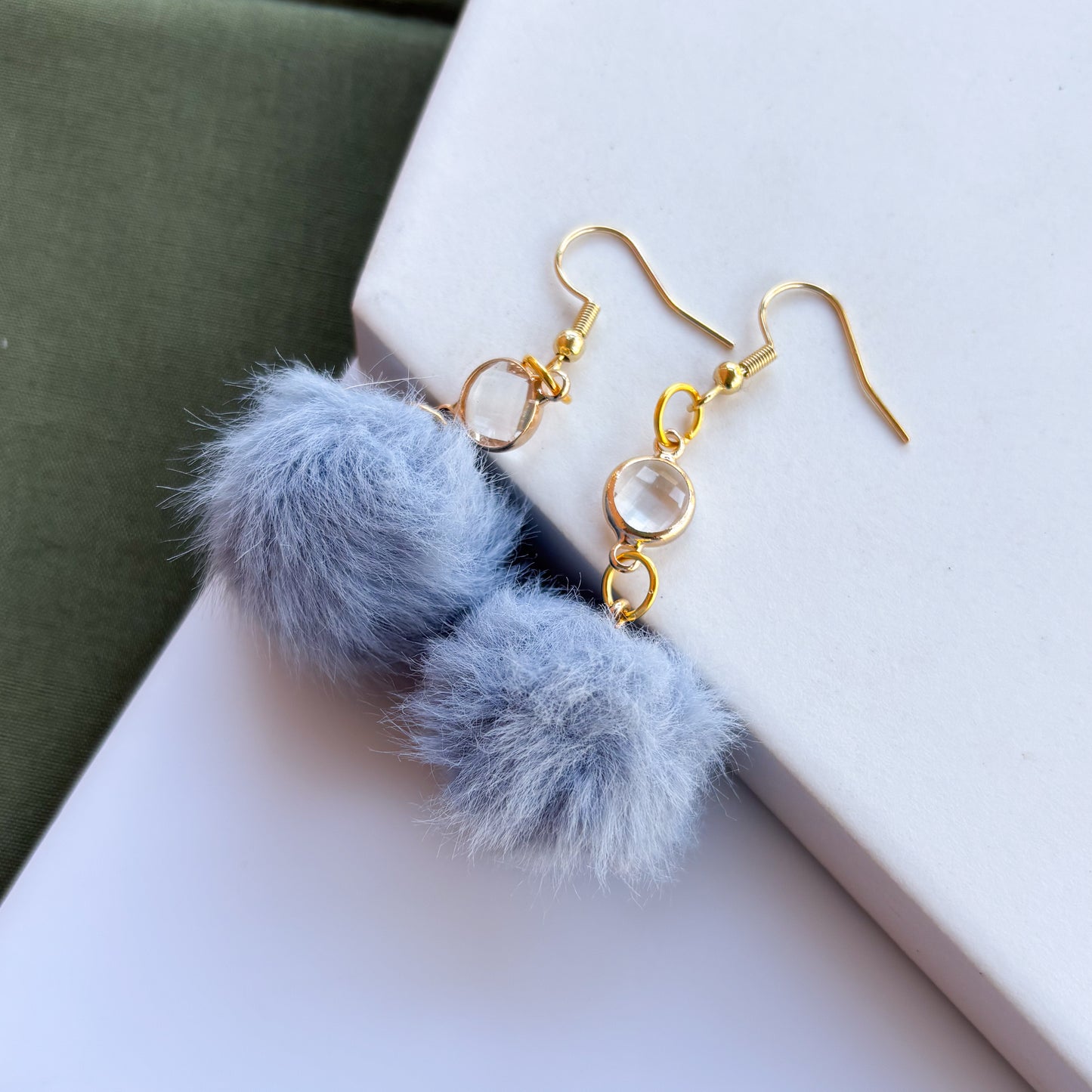 BLUE POM POM & GEM CHARM EARRINGS