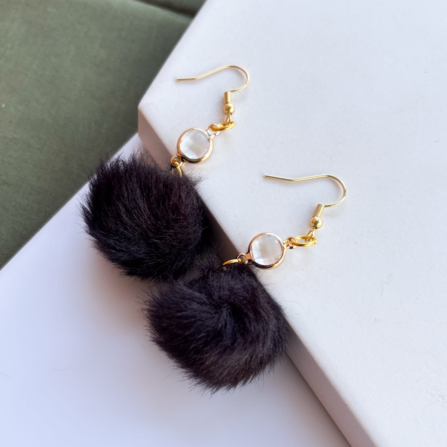 BLACK POM POM & GEM CHARM EARRINGS