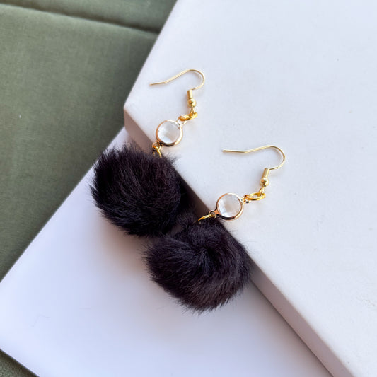 BLACK POM POM & GEM CHARM EARRINGS