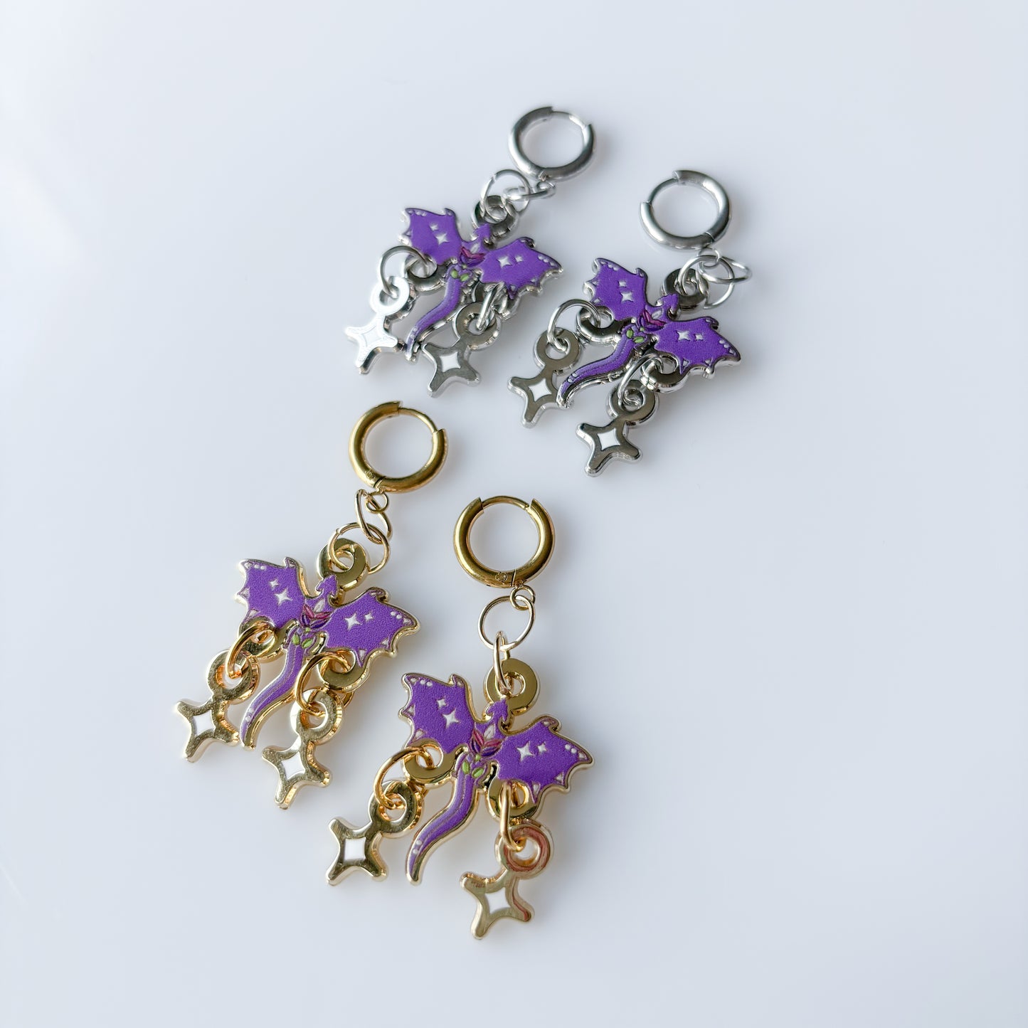 DISCOUNTED - PURPLE LILAC LAVENDER DRAGON METAL EARRINGS