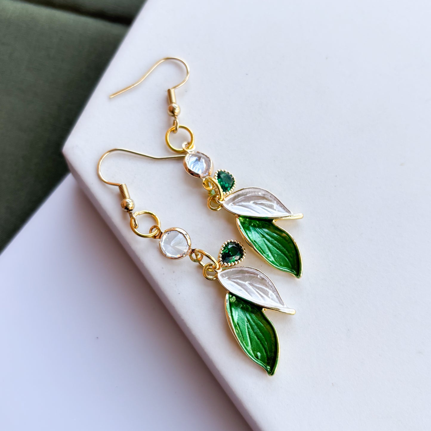 DUO LEAF GREEN & WHITE GEM CHARM EARRINGS