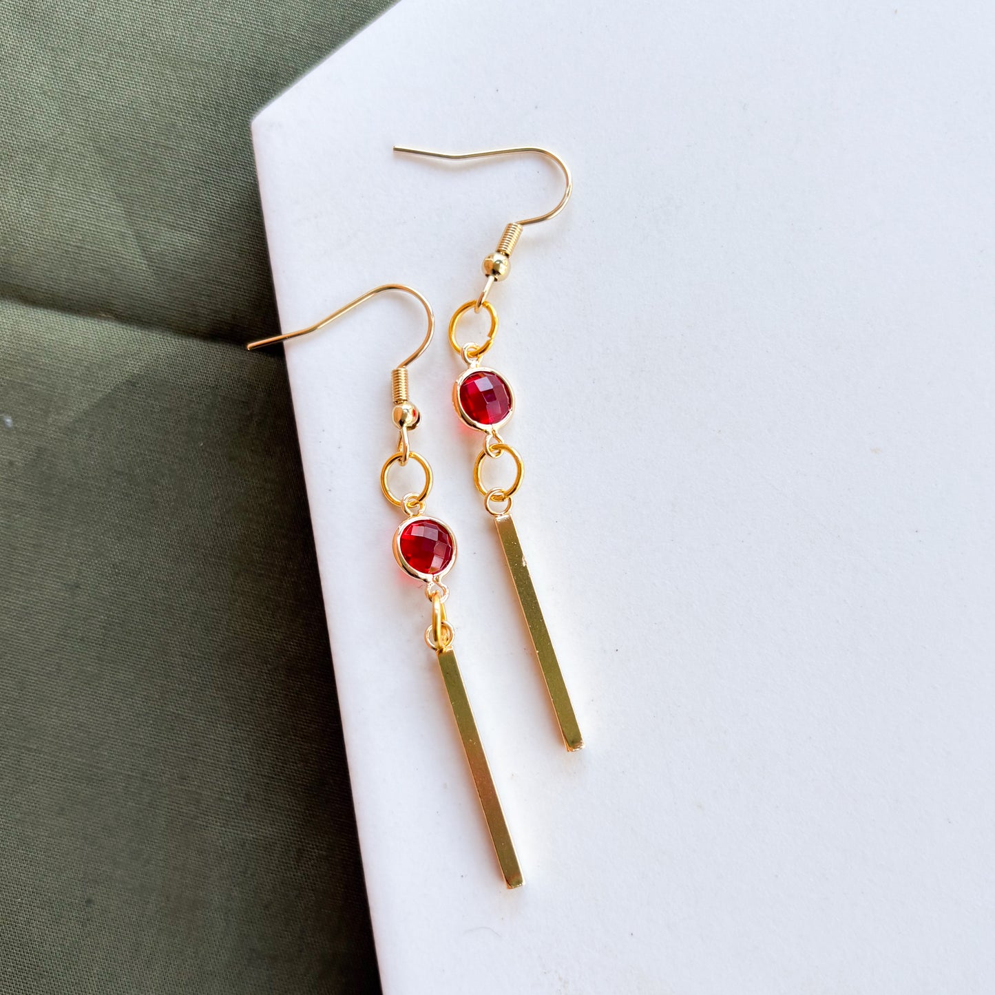 RED GEM & GOLD THIN RECTANGLE CHARM EARRINGS