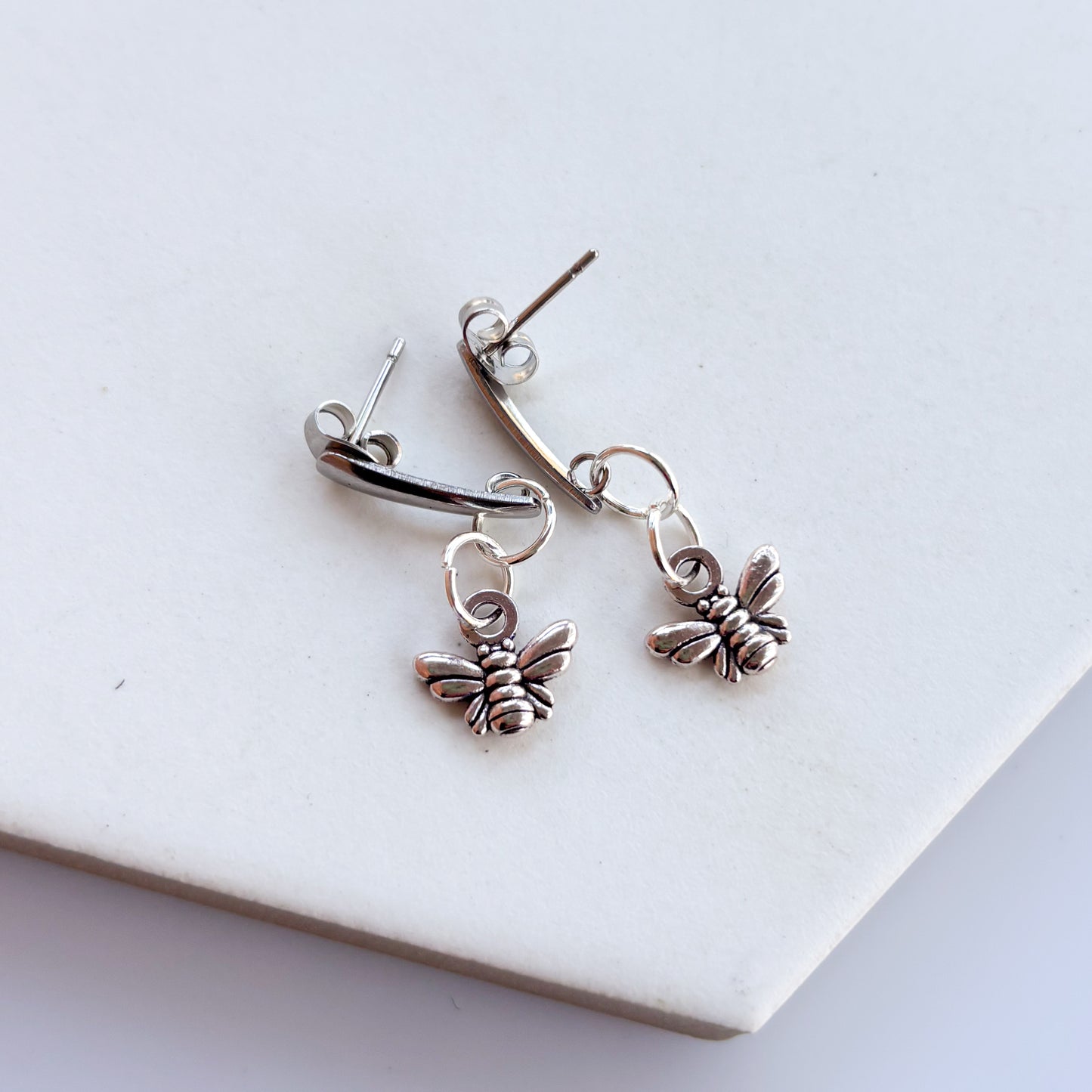SILVER BEE STUD CHARM EARRINGS