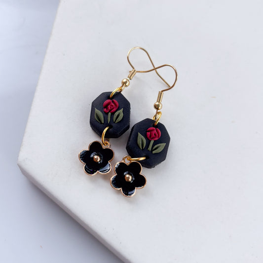 RED ROSE BLACK HEXAGON EARRINGS