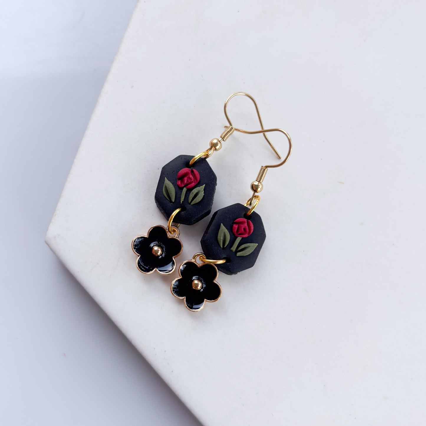 RED ROSE BLACK HEXAGON EARRINGS