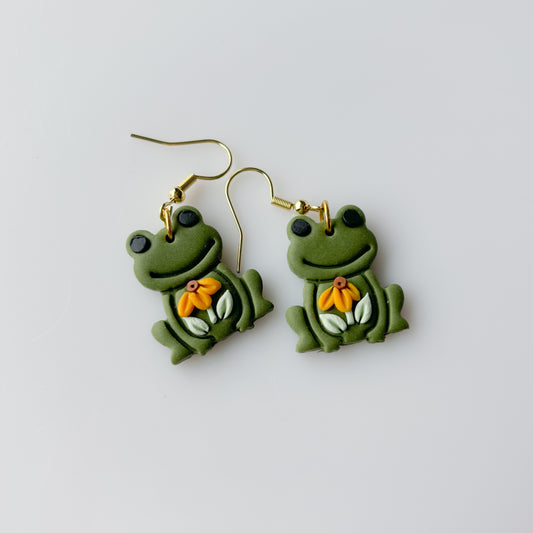 GREEN SUNFLOWER FROG EARRINGS