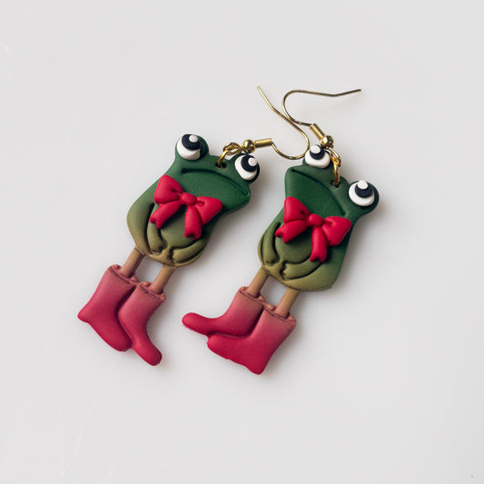 RED BOWTIE & BOOTS AWKWARD FROG EARRINGS
