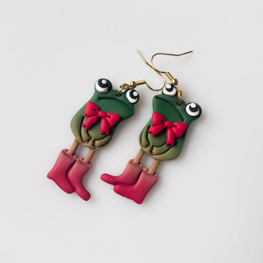 RED BOWTIE & BOOTS AWKWARD FROG EARRINGS