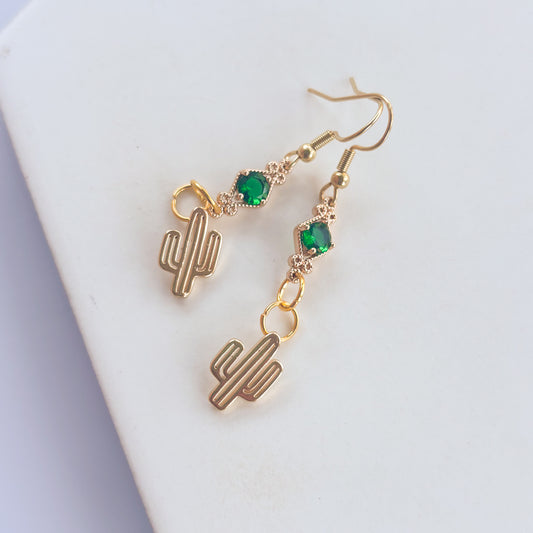 CACTUS & GREEN GEM CHARM EARRINGS