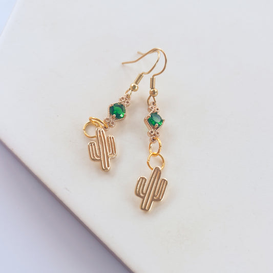 CACTUS & GREEN GEM CHARM EARRINGS