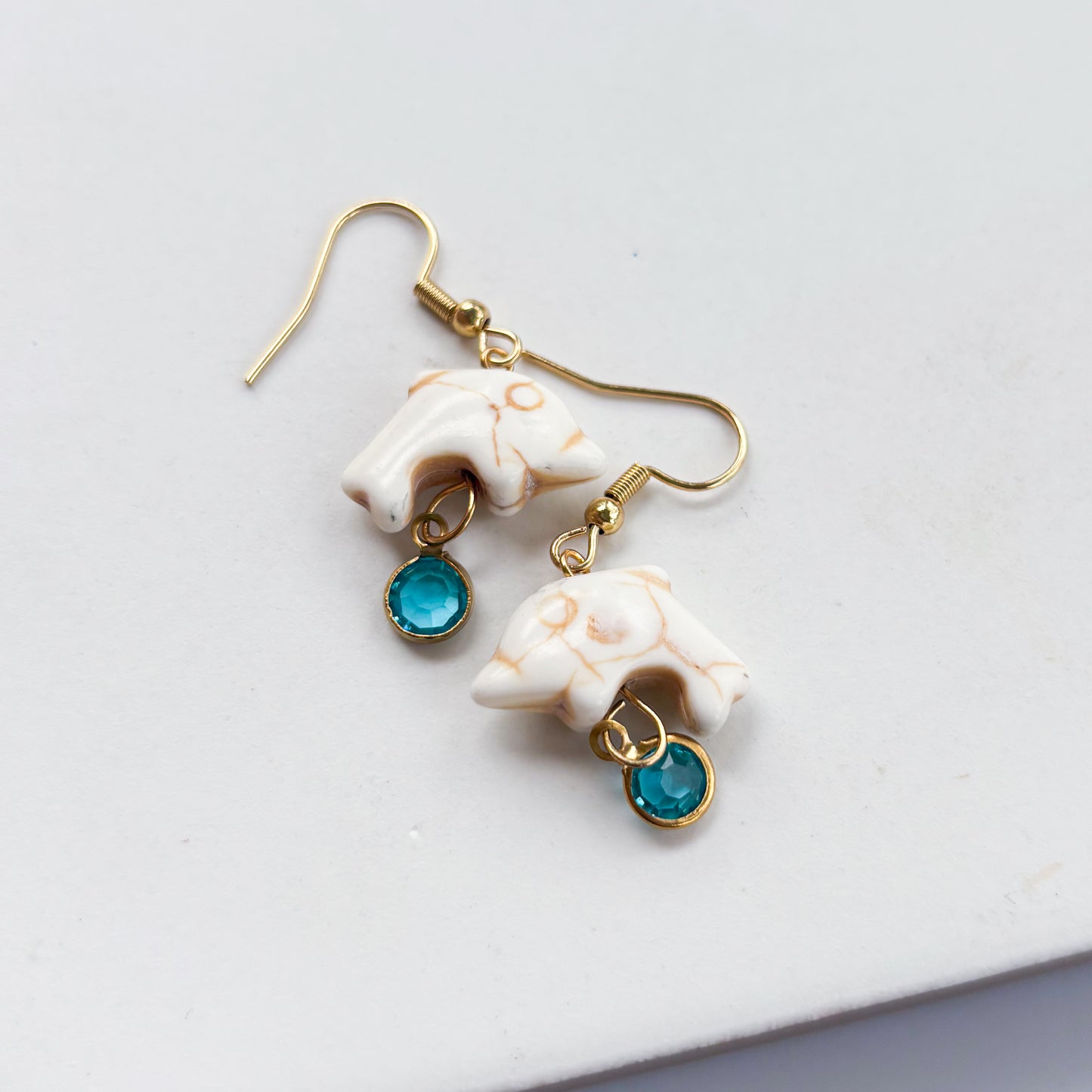 DOLPHIN & BLUE GEM CHARM EARRINGS