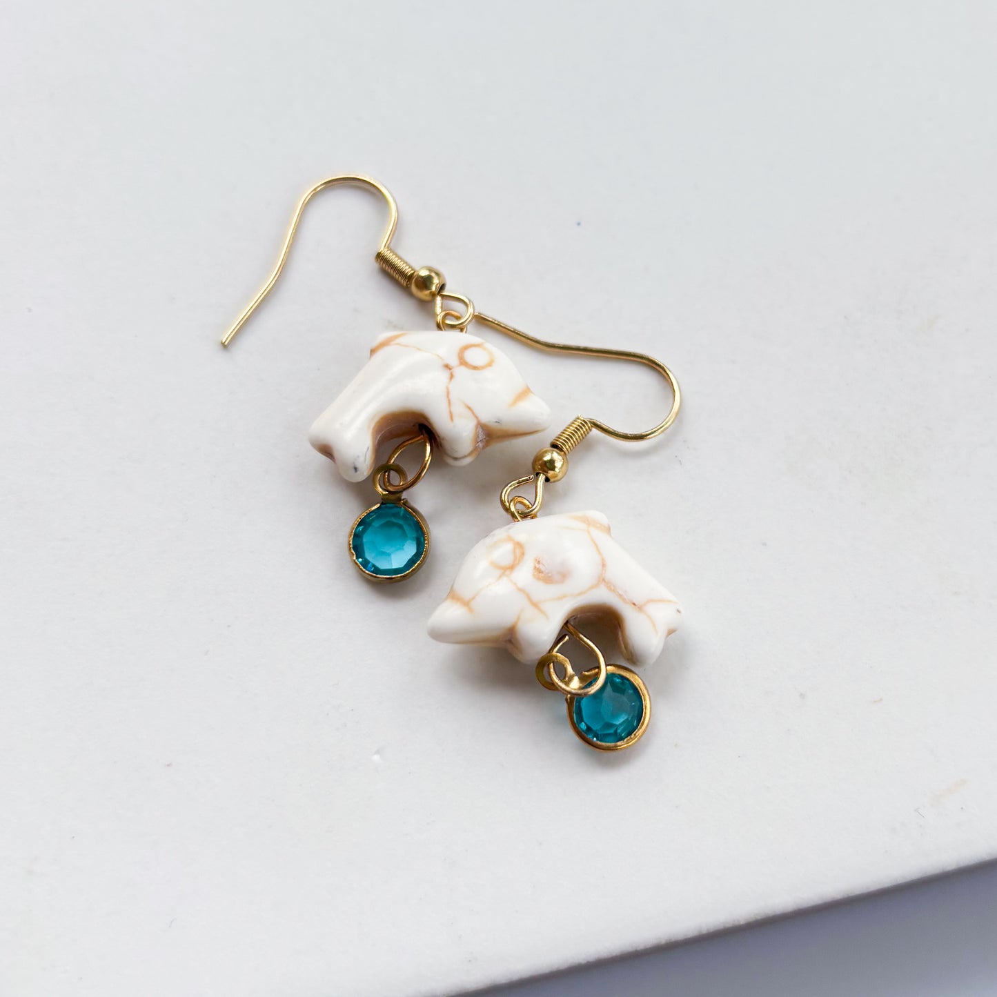 DOLPHIN & BLUE GEM CHARM EARRINGS