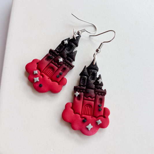 GOTHIC DARK RED CASTLE IN THE CLOUD EARRINGS