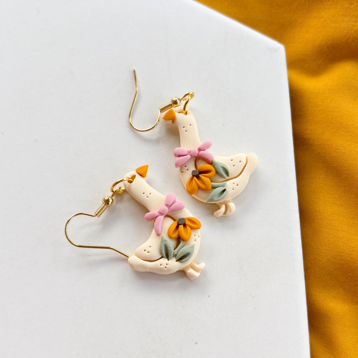 SUNFLOWER & PINK BOW GOOSE EARRINGS
