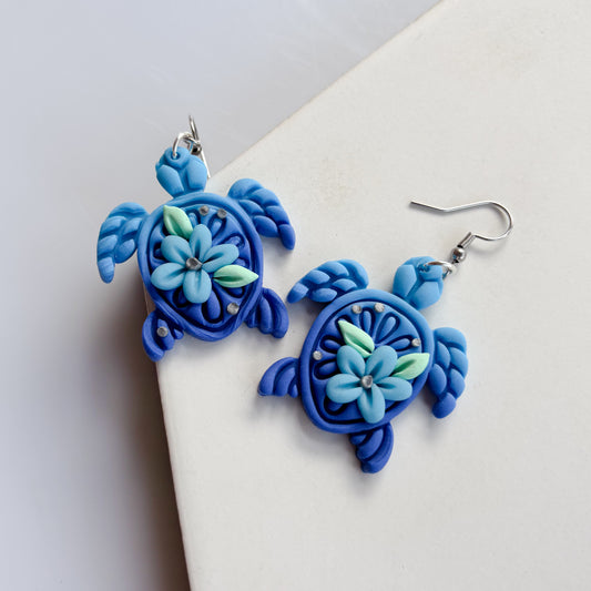 BLUE FLOWER TURTLE EARRINGS