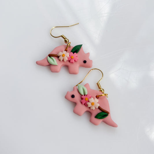 CHERRY BLOSSOM DINO EARRINGS (TRICERATOPS)