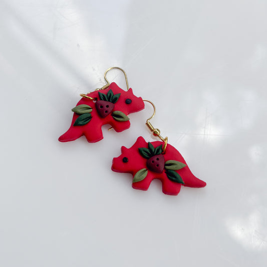 RED STRAWBERRY DINO EARRINGS (TRICERATOPS)