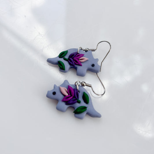 LAVENDER DINO EARRINGS (TRICERATOPS)