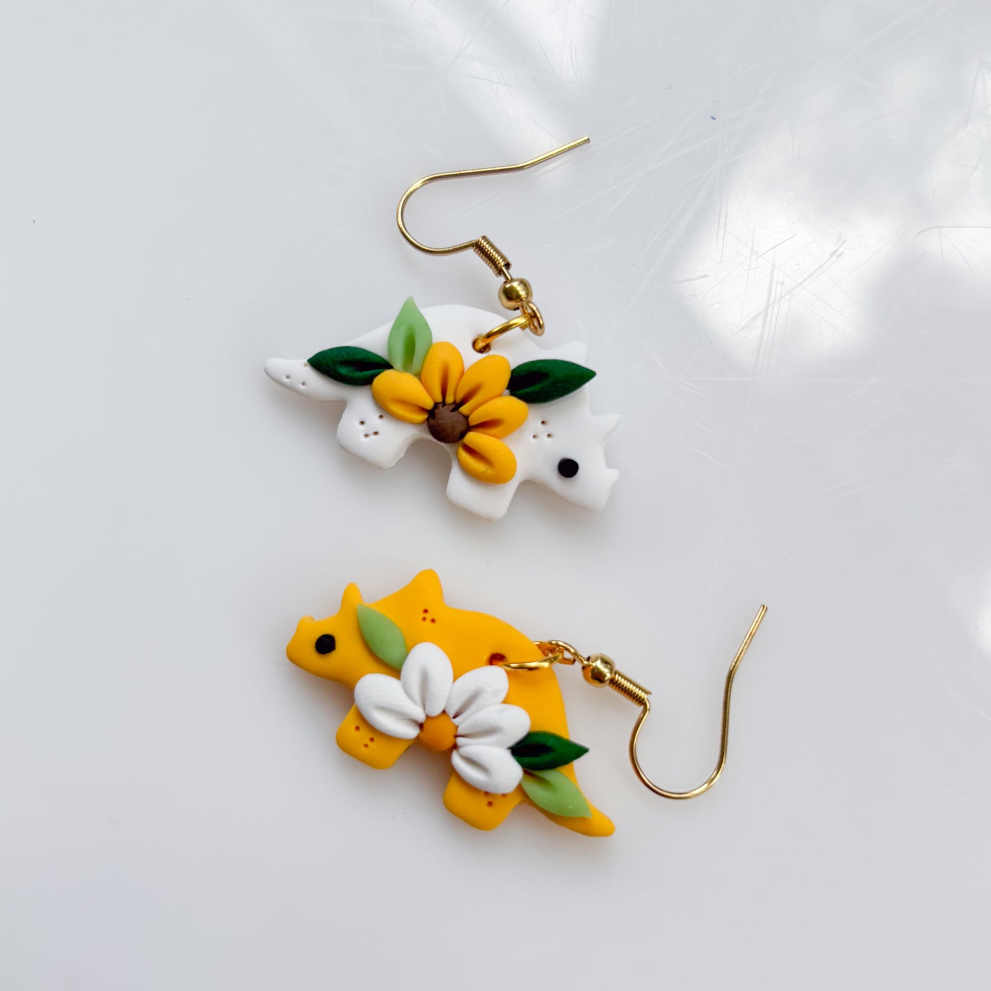MISMATCHED DAISY SUNFLOWER DINO EARRINGS (TRICERATOPS)