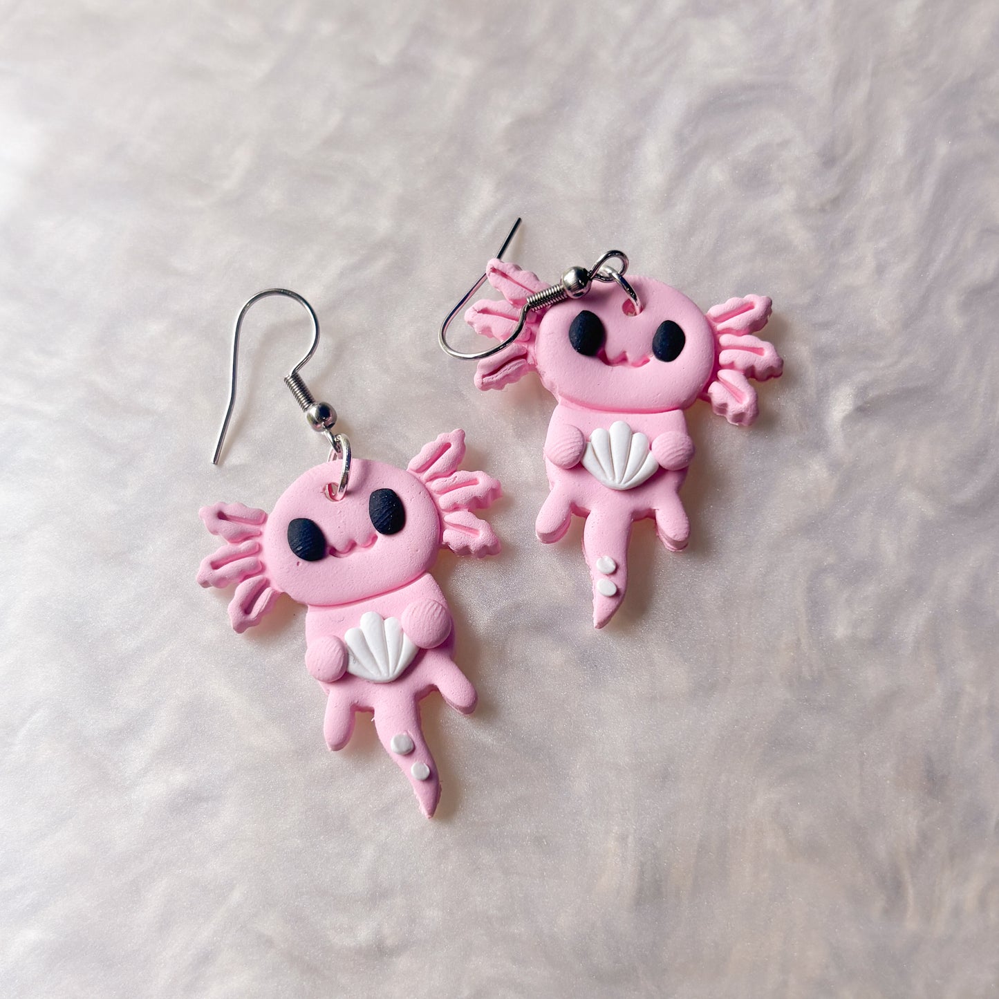 PALE PINK AXOLOTL WITH SEASHELLS EARRINGS