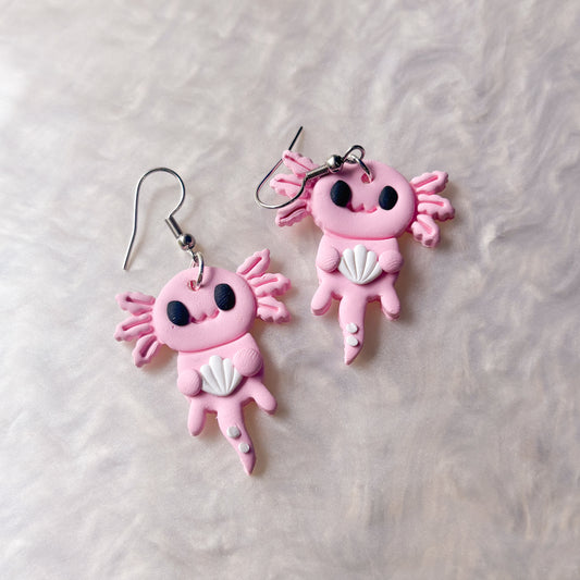 PALE PINK AXOLOTL WITH SEASHELLS EARRINGS