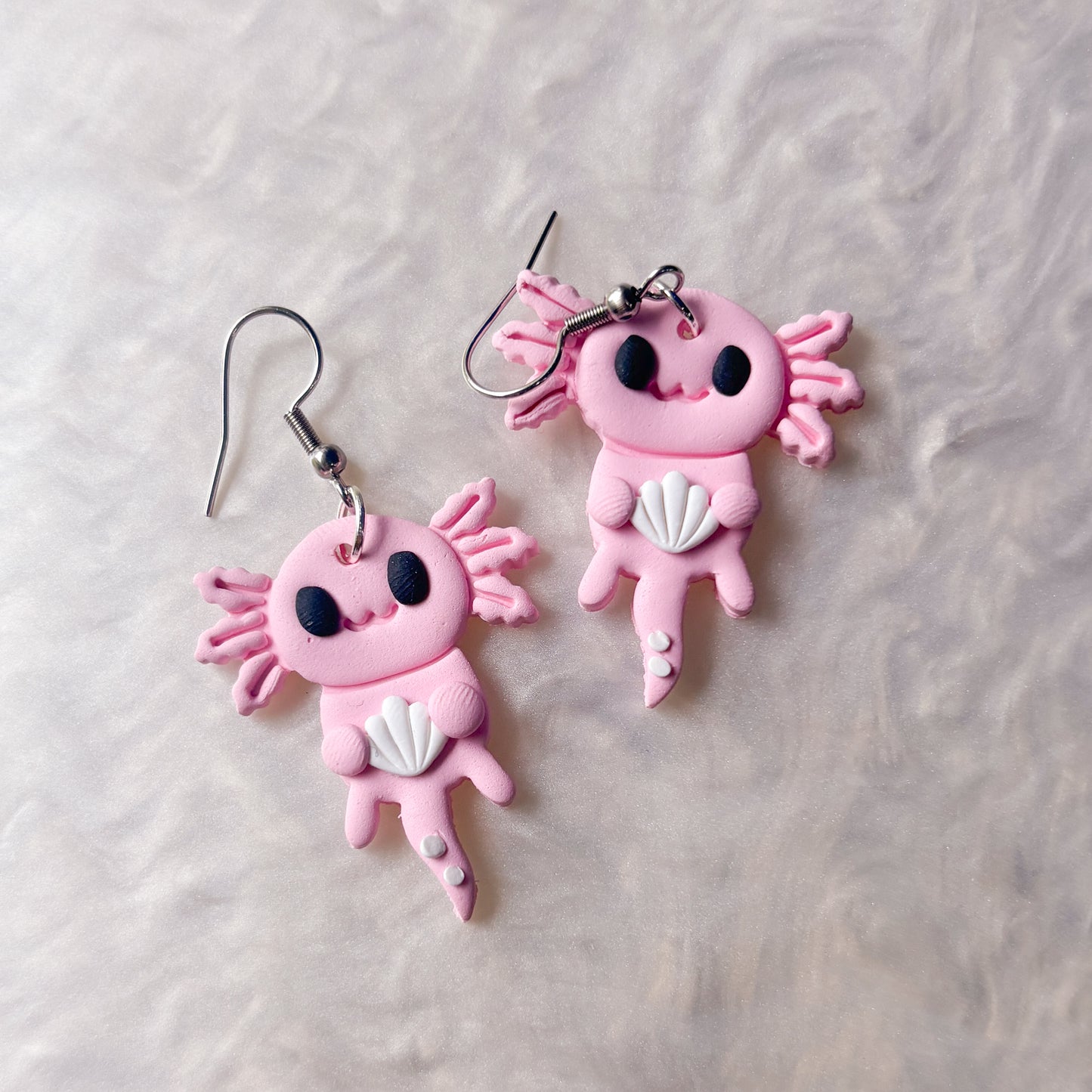 PALE PINK AXOLOTL WITH SEASHELLS EARRINGS