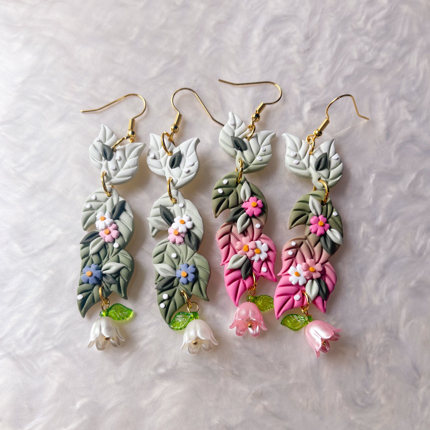GREEN/PINK LEAF DANGLE EARRINGS