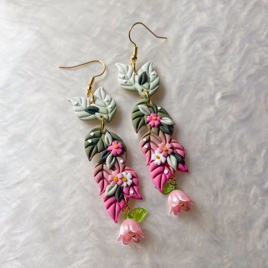 GREEN/PINK LEAF DANGLE EARRINGS