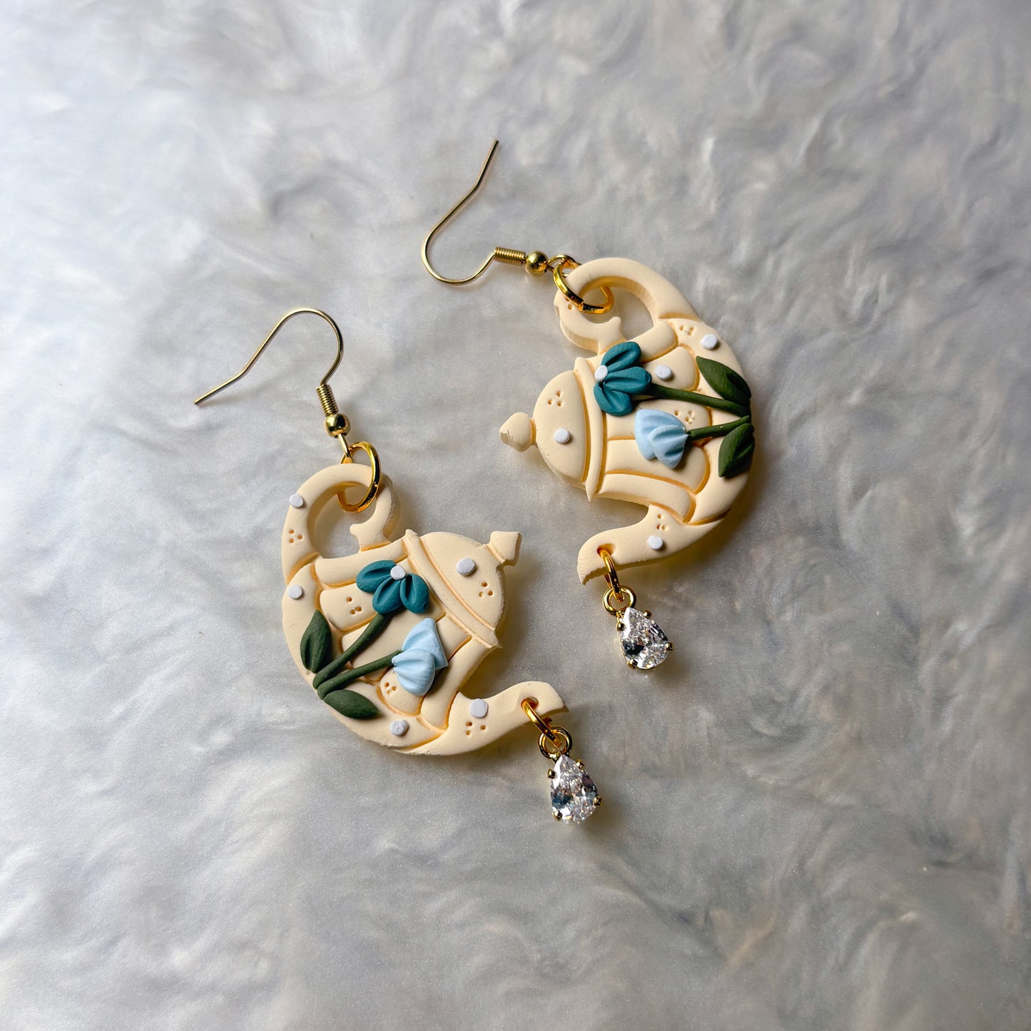 FLORAL IVORY & BLUE TEAPOT EARRINGS