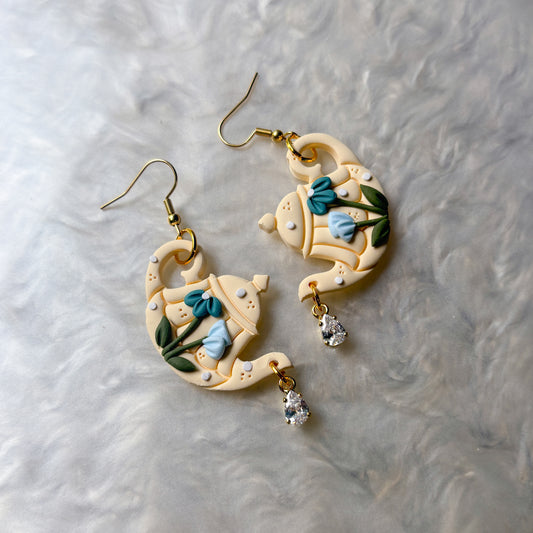 FLORAL IVORY & BLUE TEAPOT EARRINGS