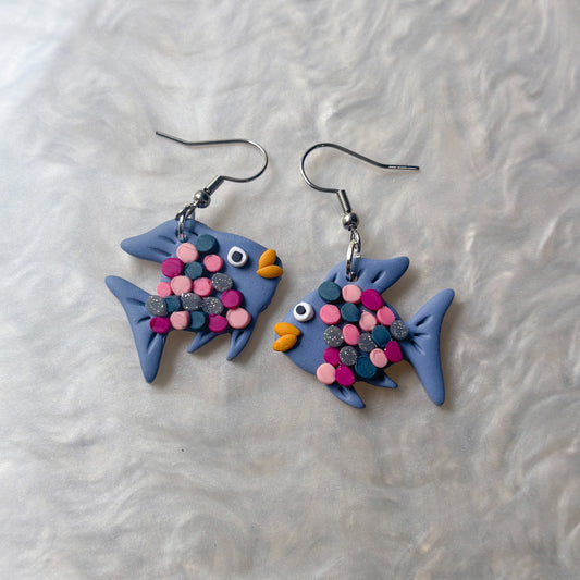 PINK BLUE SILVER RAINBOW FISH EARRINGS