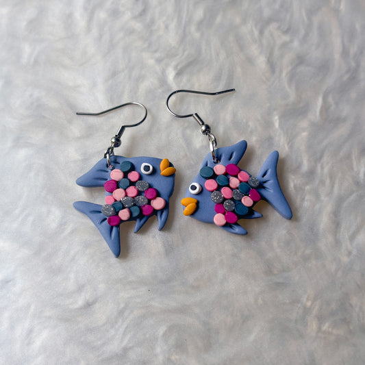 PINK BLUE SILVER RAINBOW FISH EARRINGS
