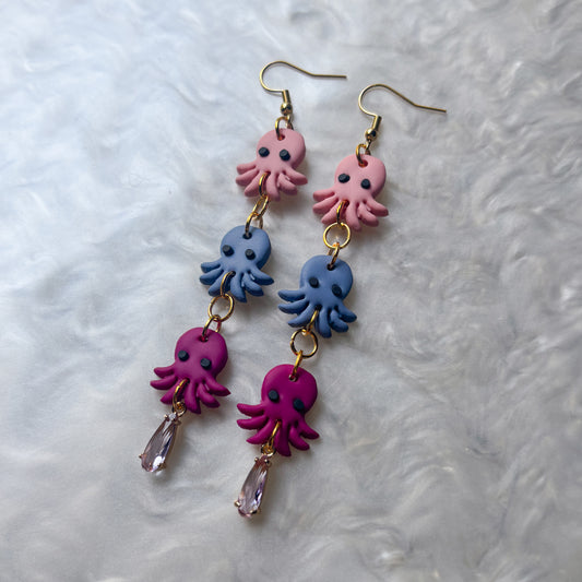 PINK/MAGENTA/BLUE OCTOPUS TRIO EARRINGS