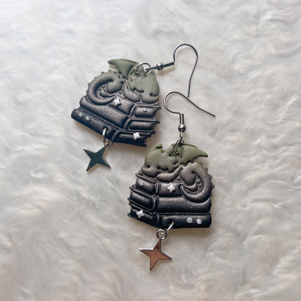 GREEN DRAGONS ON BOOKS EARRINGS