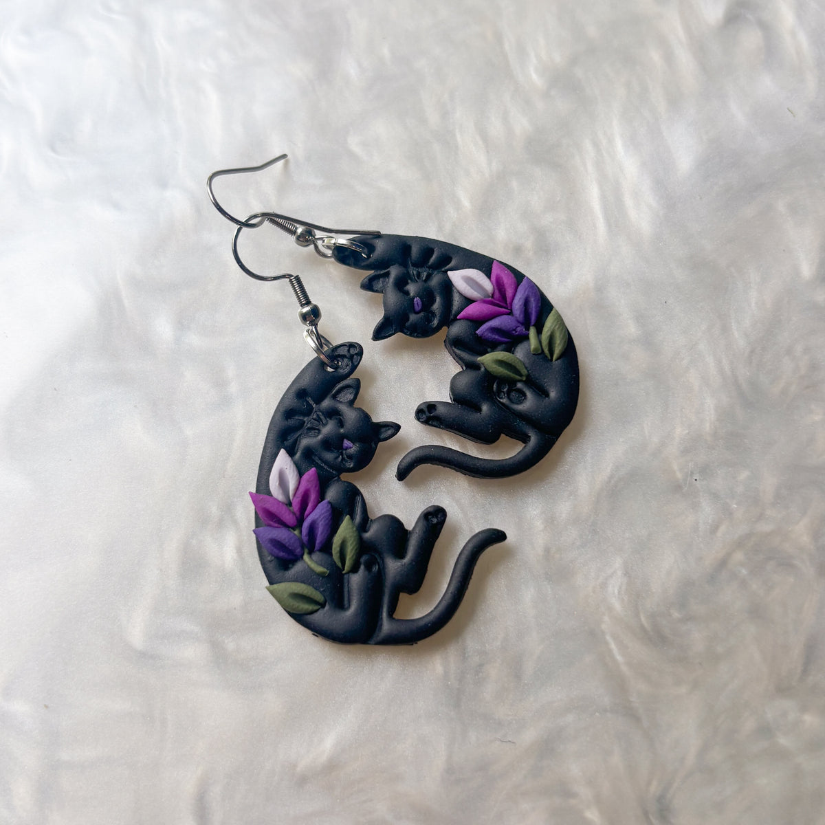 LAVENDER HANGING CAT EARRINGS