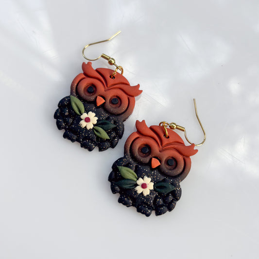 BURNT ORANGE OWL EARRINGS