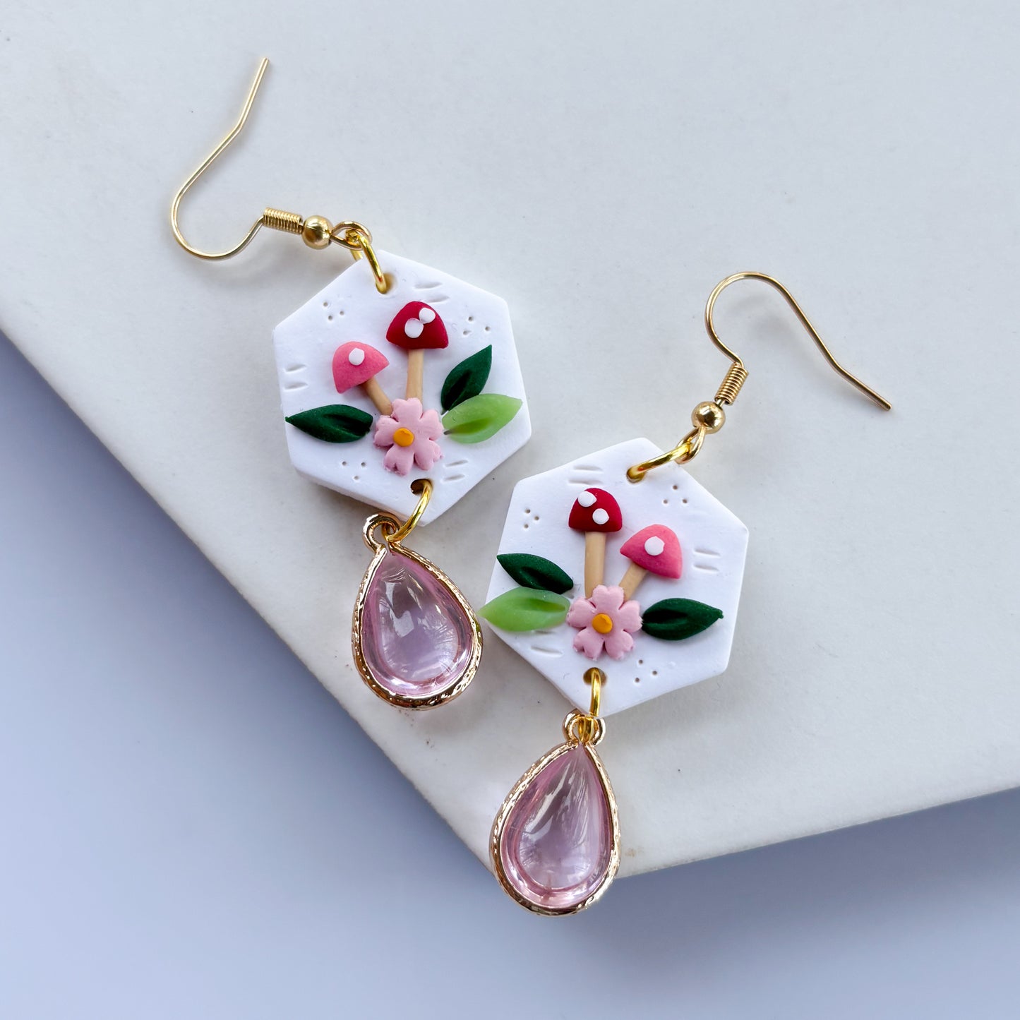 PINK MUSHROOM HEXAGON EARRINGS