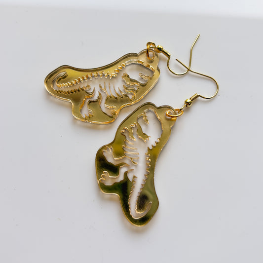 GOLD T-REX SKELETON ACRYLIC EARRINGS