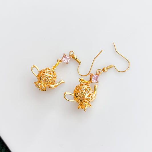 GOLD TEAPOT & PINK GEM CHARM EARRINGS