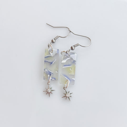 MARBLED ACRYLIC SILVER STAR CHARM EARRINGS