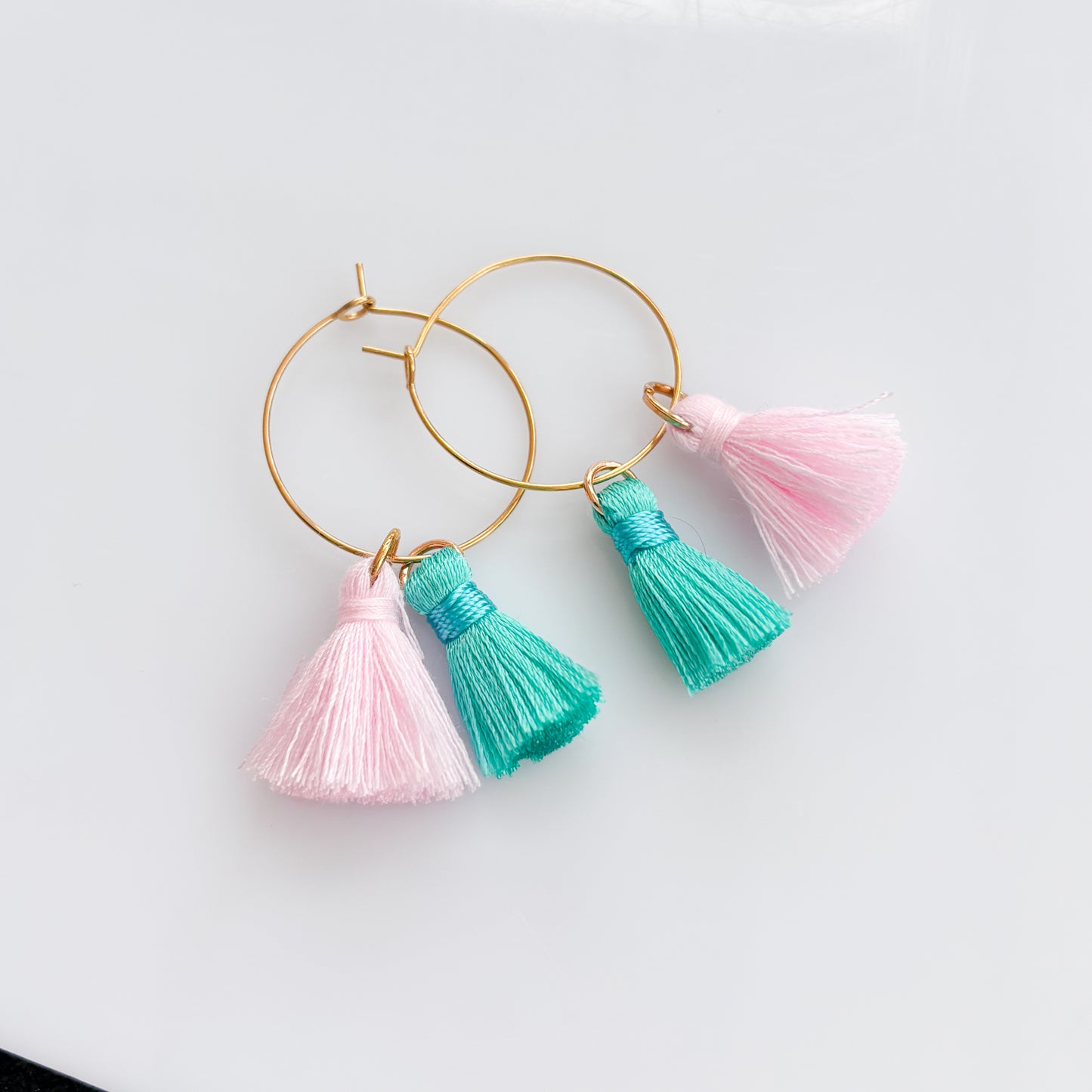 PINK & TEAL TASSEL HOOP EARRINGS