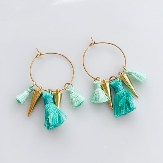 GOLD SPIKE & TEAL TASSEL HOOP EARRINGS