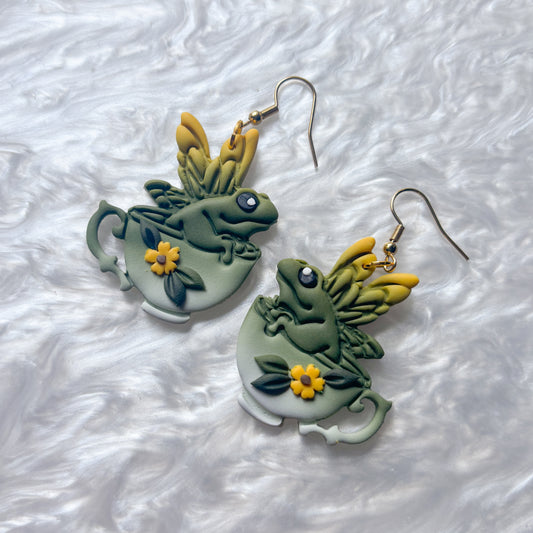 SUNFLOWER FROGS IN TEACUPS EARRINGS