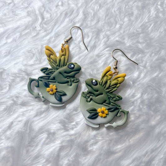 SUNFLOWER FROGS IN TEACUPS EARRINGS