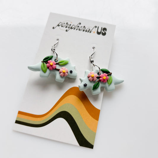 PALE BLUE CHERRY BLOSSOM TRICERATOPS DINO EARRINGS