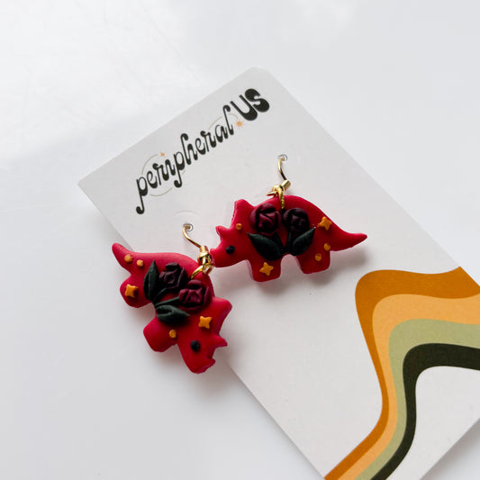 RED ROSE TRICERATOPS DINO EARRINGS