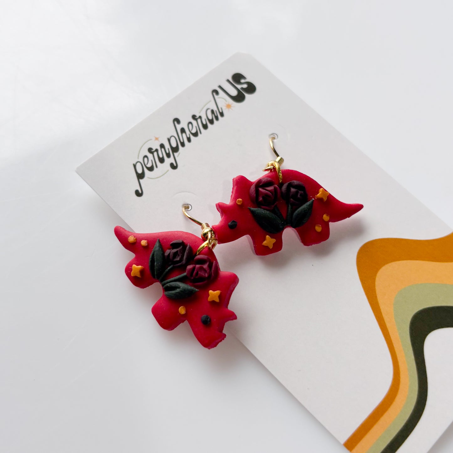 RED ROSE TRICERATOPS DINO EARRINGS