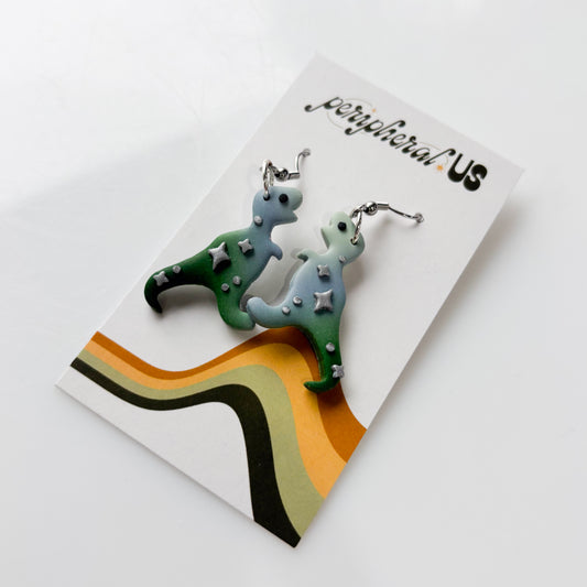 OMBRE DUSTY BLUE TO GREEN T-REX DINO EARRINGS