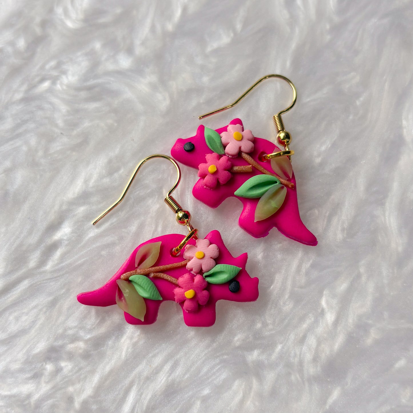 BRIGHT CHERRY BLOSSOM DINO EARRINGS (TRICERATOPS)